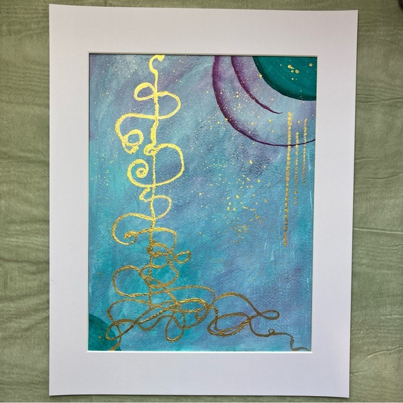 Abstract Original Watercolor Gold Leaf Filigree Green & Purple Painting, 9x12 - Picture 3 of 9